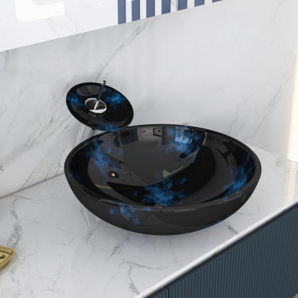 HMR - Circular Vessel Sink Faucet Pop-Up Drain in Dark Blue, Tempered Glass