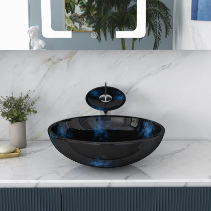 HMR - Circular Vessel Sink Faucet Pop-Up Drain in Dark Blue, Tempered Glass
