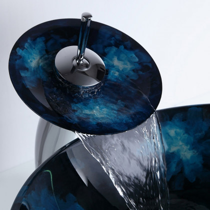 HMR - Circular Vessel Sink Faucet Pop-Up Drain in Dark Blue, Tempered Glass