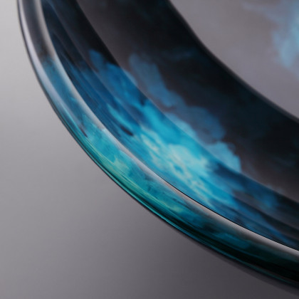 HMR - Circular Vessel Sink Faucet Pop-Up Drain in Dark Blue, Tempered Glass