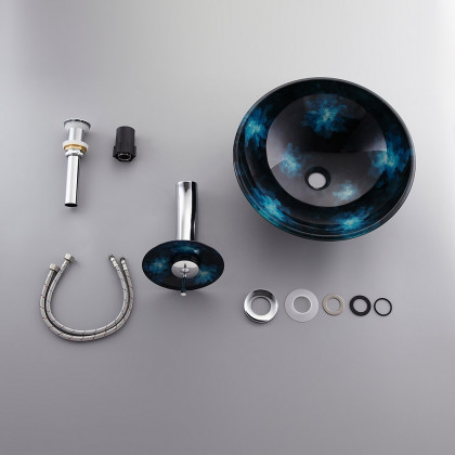 HMR - Circular Vessel Sink Faucet Pop-Up Drain in Dark Blue, Tempered Glass