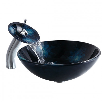 HMR - Circular Vessel Sink Faucet Pop-Up Drain in Dark Blue, Tempered Glass