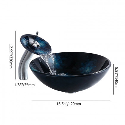 HMR - Circular Vessel Sink Faucet Pop-Up Drain in Dark Blue, Tempered Glass