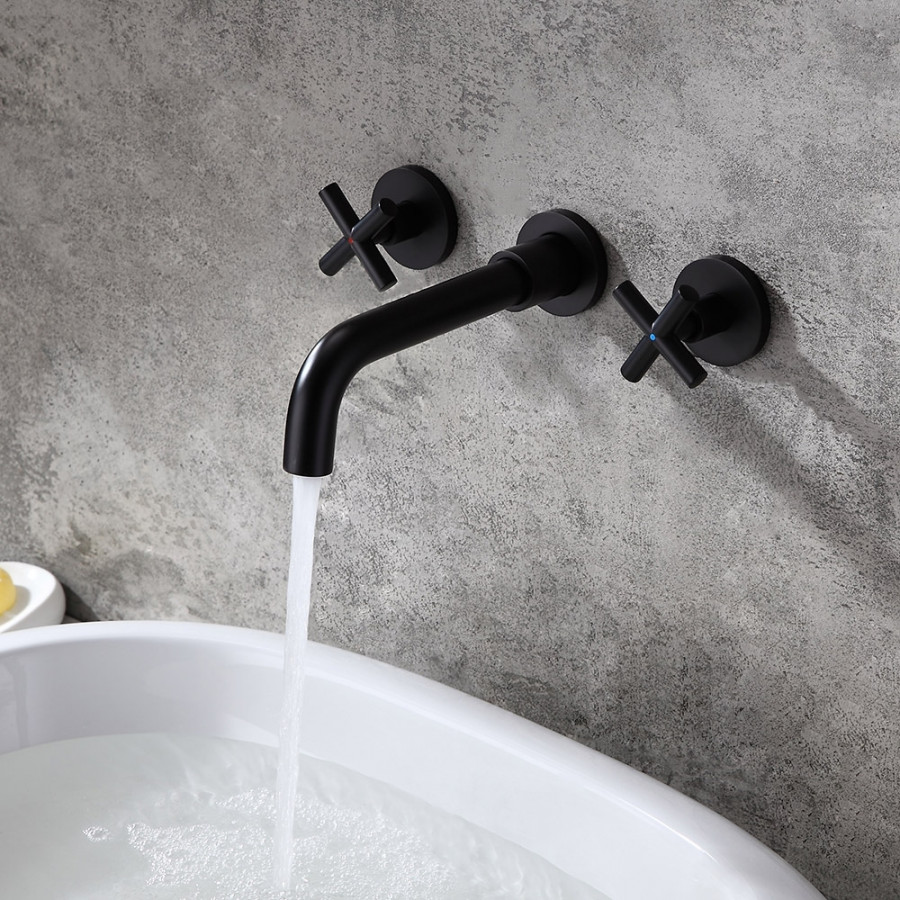 HMR - Melro Wall Mounted Cross Handles Sink Faucet in Matte Black, Brass