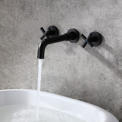 HMR - Melro Wall Mounted Cross Handles Sink Faucet in Matte Black, Brass