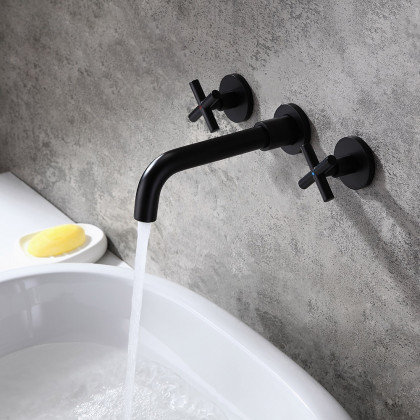 HMR - Melro Wall Mounted Cross Handles Sink Faucet in Matte Black, Brass