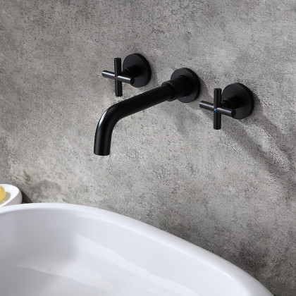 HMR - Melro Wall Mounted Cross Handles Sink Faucet in Matte Black, Brass