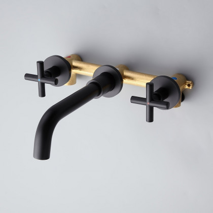 HMR - Melro Wall Mounted Cross Handles Sink Faucet in Matte Black, Brass