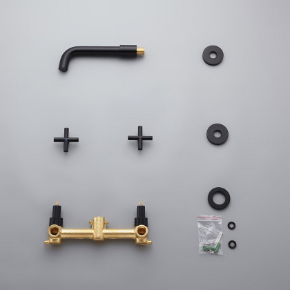 HMR - Melro Wall Mounted Cross Handles Sink Faucet in Matte Black, Brass