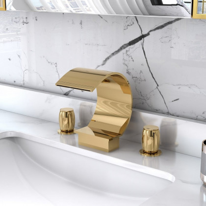 HMR - Waterfall 2-Handle Bathroom Sink Faucet Solid Brass in Gold