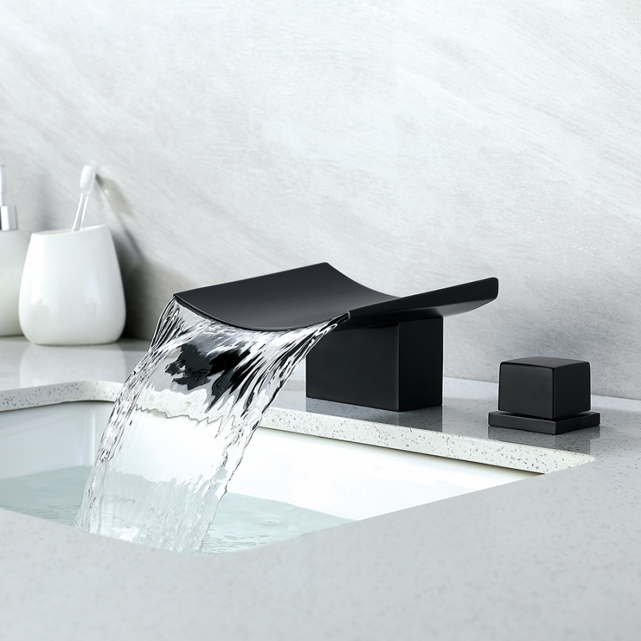 HMR - Waterfall Widespread Bathroom Sink Faucet with Double Knobs in Matte Black