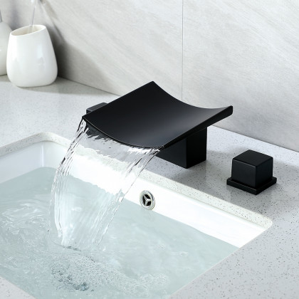 HMR - Waterfall Widespread Bathroom Sink Faucet with Double Knobs in Matte Black