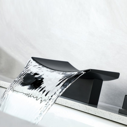 HMR - Waterfall Widespread Bathroom Sink Faucet with Double Knobs in Matte Black
