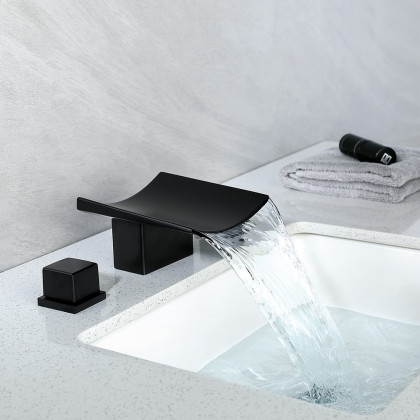 HMR - Waterfall Widespread Bathroom Sink Faucet with Double Knobs in Matte Black