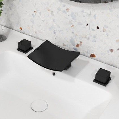HMR - Waterfall Widespread Bathroom Sink Faucet with Double Knobs in Matte Black