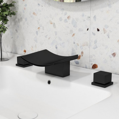 HMR - Waterfall Widespread Bathroom Sink Faucet with Double Knobs in Matte Black