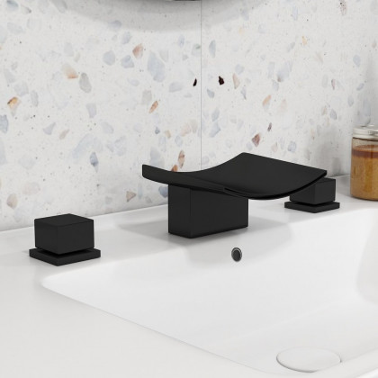 HMR - Waterfall Widespread Bathroom Sink Faucet with Double Knobs in Matte Black