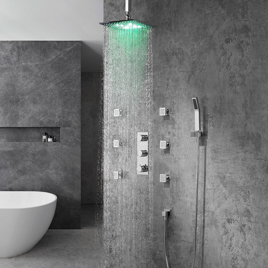 HMR - Ceiling Mounted Rain Shower System with Handheld Shower and 6 Body Sprays in with LED