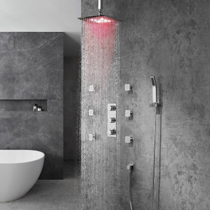 HMR - Ceiling Mounted Rain Shower System with Handheld Shower and 6 Body Sprays in with LED