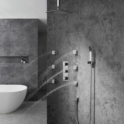 HMR - Ceiling Mounted Rain Shower System with Handheld Shower and 6 Body Sprays in with LED