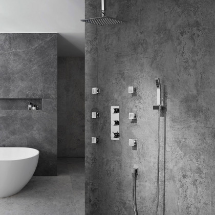 HMR - Ceiling Mounted Rain Shower System with Handheld Shower and 6 Body Sprays in with LED