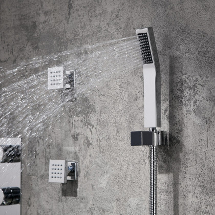 HMR - Ceiling Mounted Rain Shower System with Handheld Shower and 6 Body Sprays in with LED