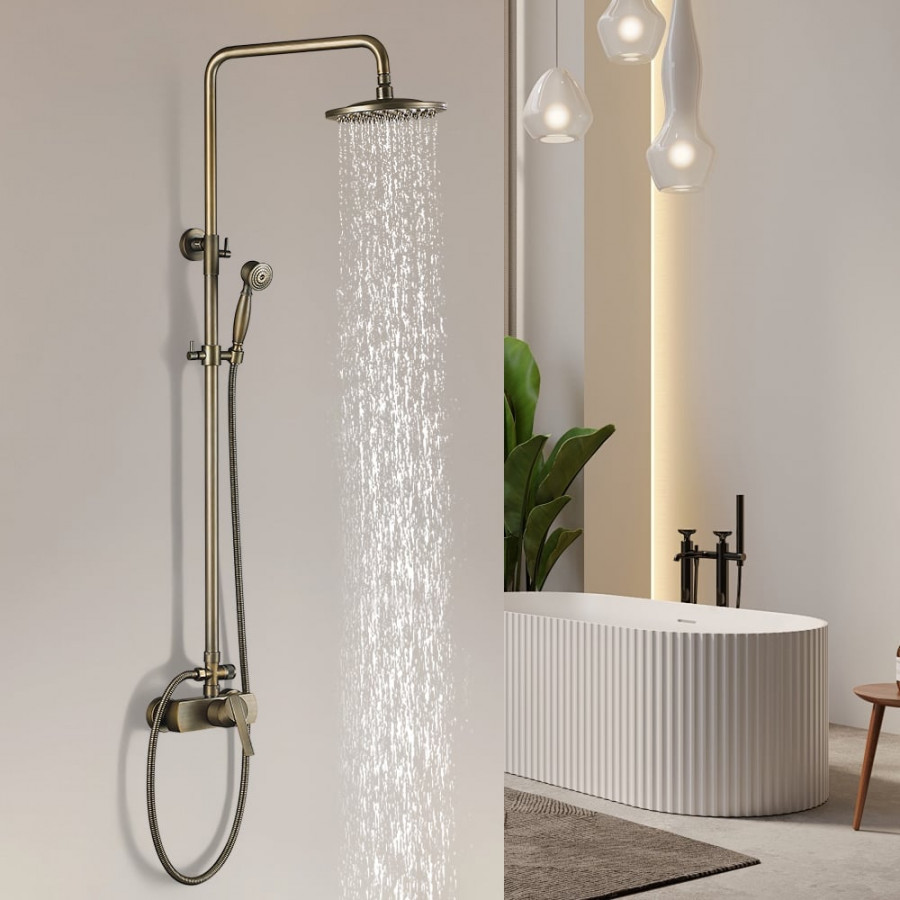 HMR - Antique Brass Exposed Wall Mount Shower System with 8" Rain Shower Head and Hand Shower