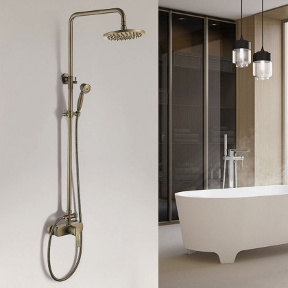 HMR - Antique Brass Exposed Wall Mount Shower System with 8" Rain Shower Head and Hand Shower
