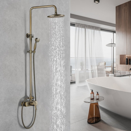 HMR - Antique Brass Exposed Wall Mount Shower System with 8" Rain Shower Head and Hand Shower