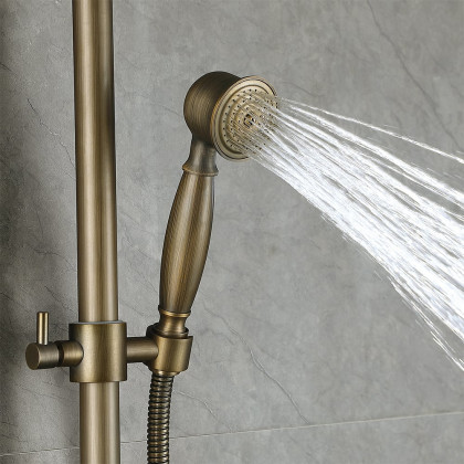 HMR - Antique Brass Exposed Wall Mount Shower System with 8" Rain Shower Head and Hand Shower
