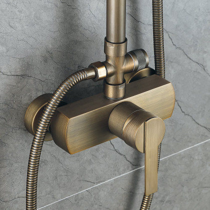 HMR - Antique Brass Exposed Wall Mount Shower System with 8" Rain Shower Head and Hand Shower