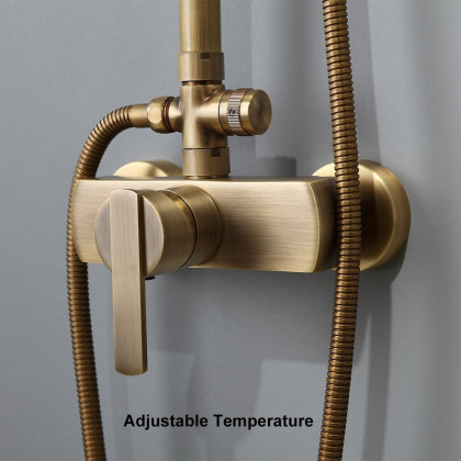 HMR - Antique Brass Exposed Wall Mount Shower System with 8" Rain Shower Head and Hand Shower