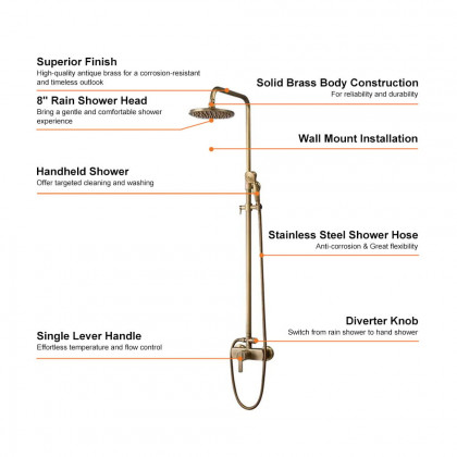 HMR - Antique Brass Exposed Wall Mount Shower System with 8" Rain Shower Head and Hand Shower