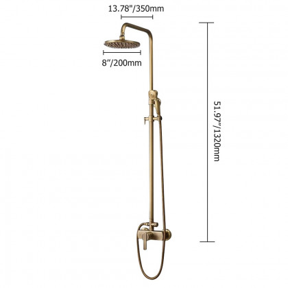 HMR - Antique Brass Exposed Wall Mount Shower System with 8" Rain Shower Head and Hand Shower