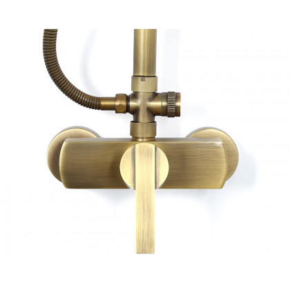 HMR - Antique Brass Exposed Wall Mount Shower System with 8" Rain Shower Head and Hand Shower