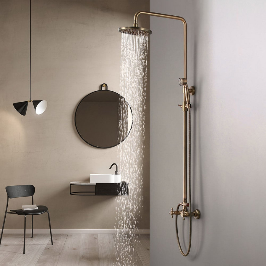 HMR - Two Handle Round Rainshower Shower Fixture in Antique Brass