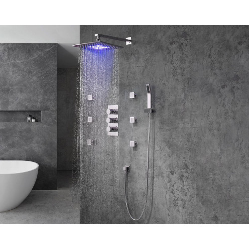 HMR - Wall Mount LED Thermostatic Shower Set with Hand Shower & Body Spray Jets
