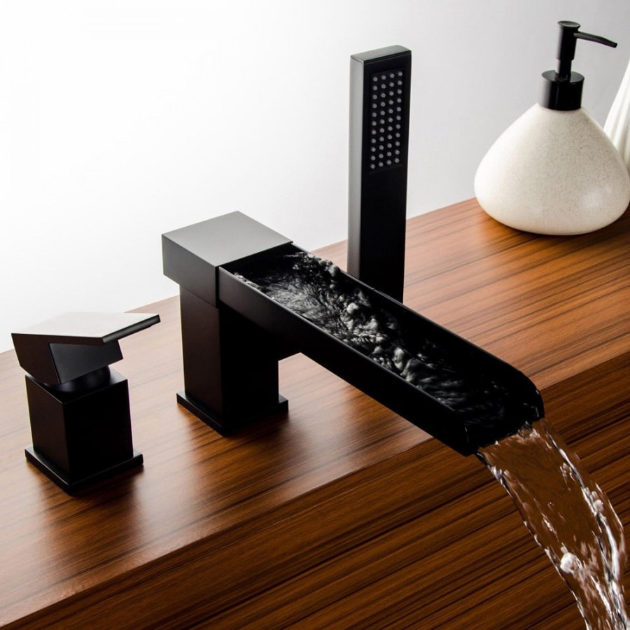 HMR - MILL Deck-Mount Waterfall Faucet with Handshower in Matte Black