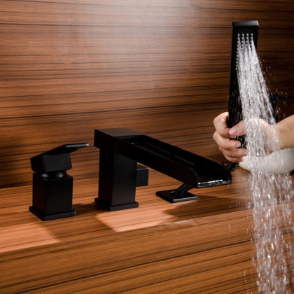 HMR - MILL Deck-Mount Waterfall Faucet with Handshower in Matte Black