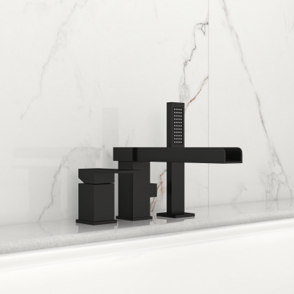 HMR - MILL Deck-Mount Waterfall Faucet with Handshower in Matte Black