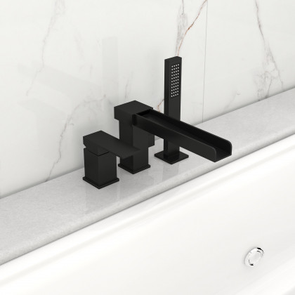 HMR - MILL Deck-Mount Waterfall Faucet with Handshower in Matte Black