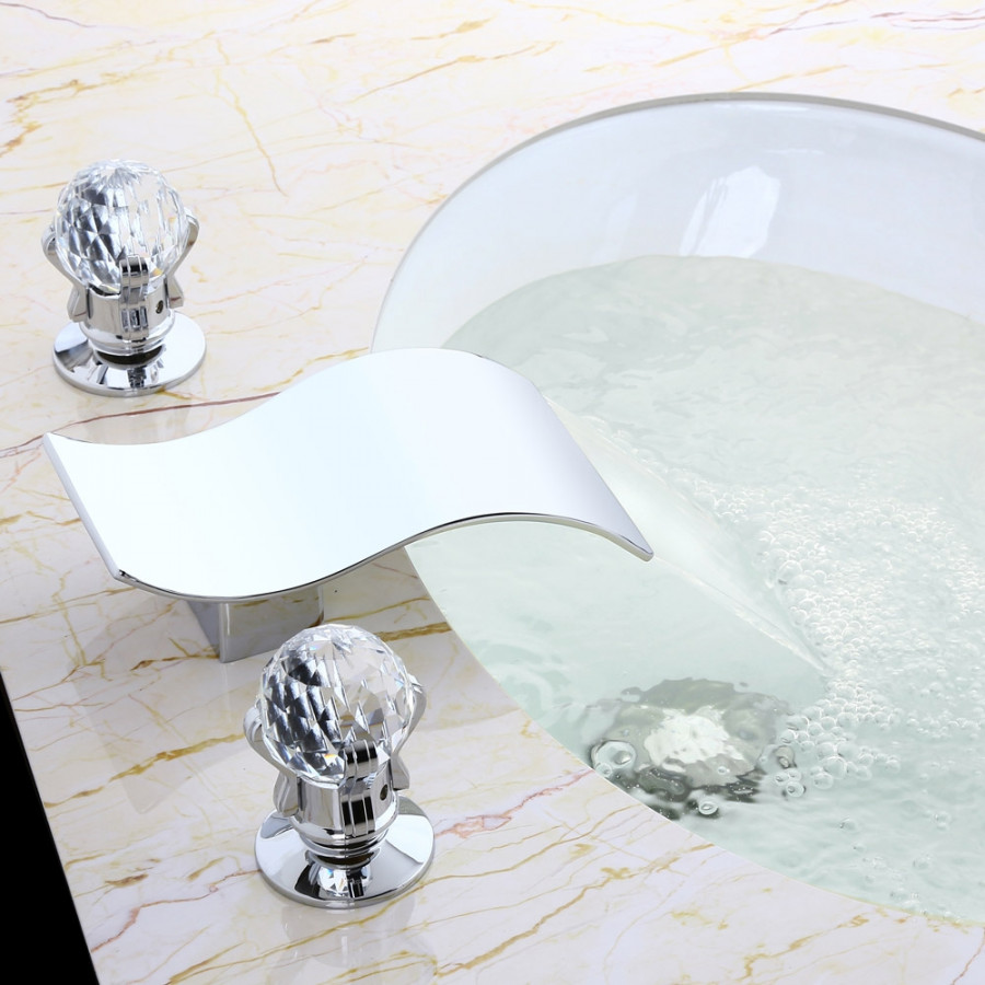 HMR - Deck Mount Bathroom Sink Faucet with 2 Crystal Handles in Solid Brass