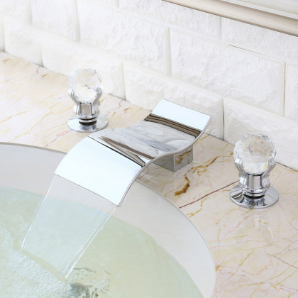 HMR - Deck Mount Bathroom Sink Faucet with 2 Crystal Handles in Solid Brass