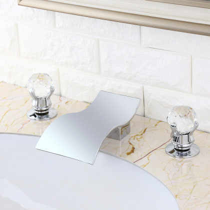 HMR - Deck Mount Bathroom Sink Faucet with 2 Crystal Handles in Solid Brass