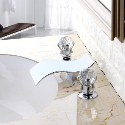 HMR - Deck Mount Bathroom Sink Faucet with 2 Crystal Handles in Solid Brass