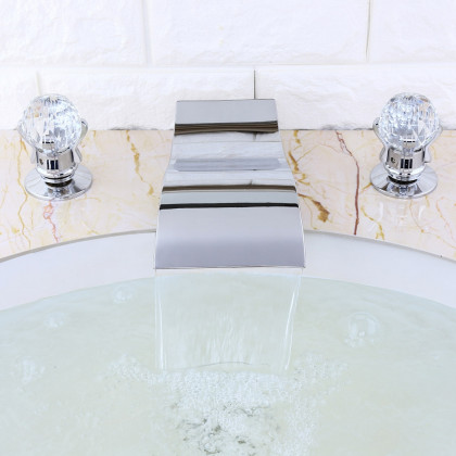 HMR - Deck Mount Bathroom Sink Faucet with 2 Crystal Handles in Solid Brass
