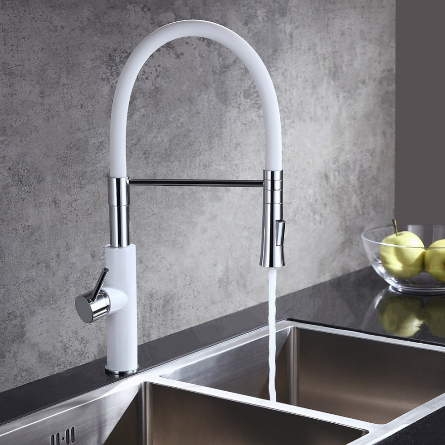 HMR - Single Handle Solid Brass Pull-Down Spray Kitchen Faucet in White