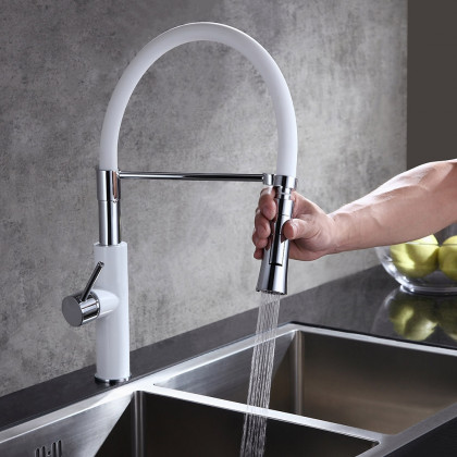 HMR - Single Handle Solid Brass Pull-Down Spray Kitchen Faucet in White