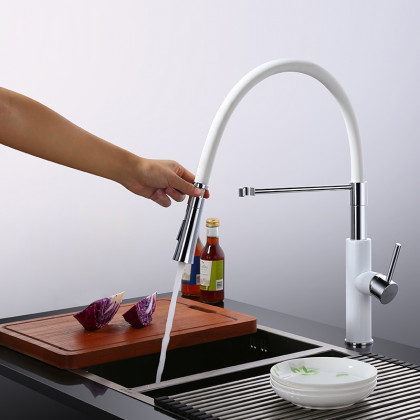 HMR - Single Handle Solid Brass Pull-Down Spray Kitchen Faucet in White