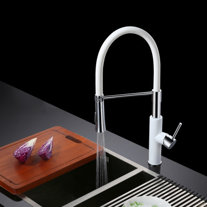 HMR - Single Handle Solid Brass Pull-Down Spray Kitchen Faucet in White